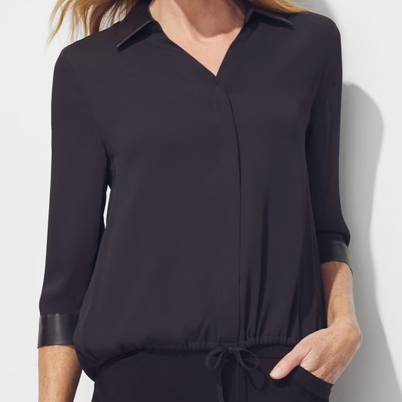 ❤️Black button down blouse with faux leather collar and sleeve-cuff. NWT - Picture 1 of 3